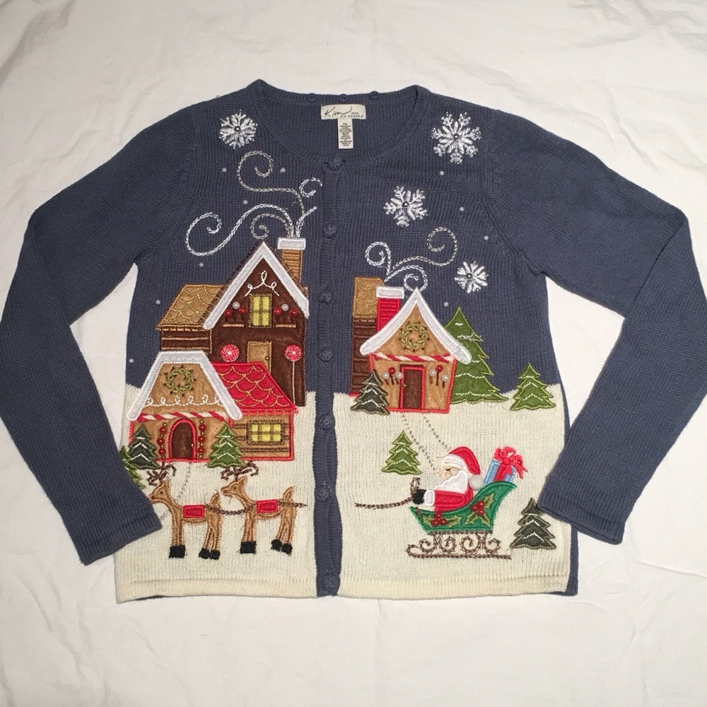 Festive Blue Christmas Cardigan with Santa Design